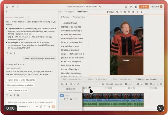 Frame from ChatCut's public demo showing clip timeline tabs, a transcript, a captioned vertical preview, and caption revision requests.